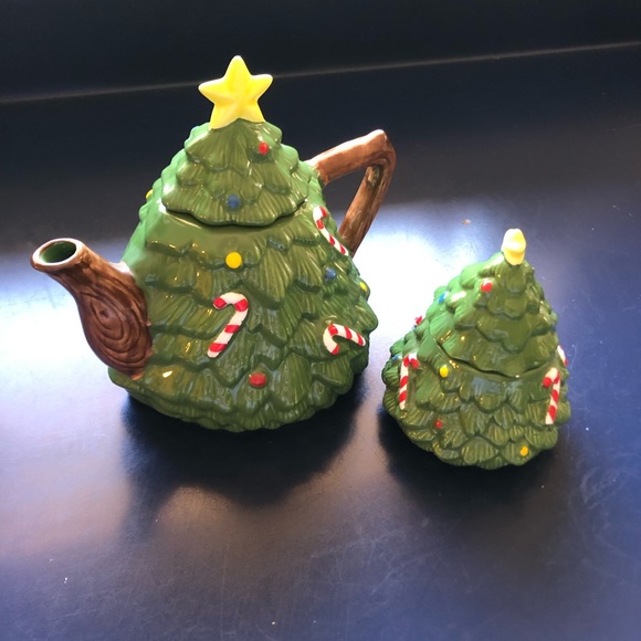 Decorative Christmas Tree Tea Pot with Sugar Dish, Ceramic, Pot = 7.5” x 8.5” - Picture 4 of 8